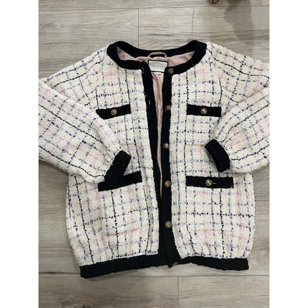 Gucci Tweed Bouclé Cardigan Jacket Tiger Buttons IT 44 Made in Italy